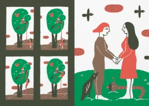 Ilustración interior del libro ilustrado «Vivir en un árbol» de la autora polaca Nina Izycka.